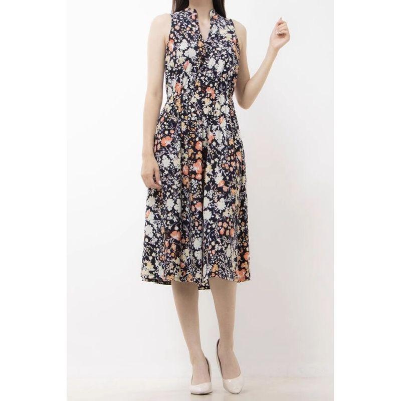 

Foreign Trade Order a Family Lion Home Exquisite Print Cotton V-neck Temperament Slimming Elegant Commuting Elegant Fashion Dress Dark Blue L