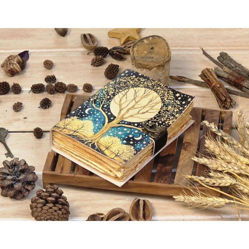Tree of life  Grimoire Leather Journal, Blank Spell Book of Shadows Celestial leather journal Gifts For Him Her.
