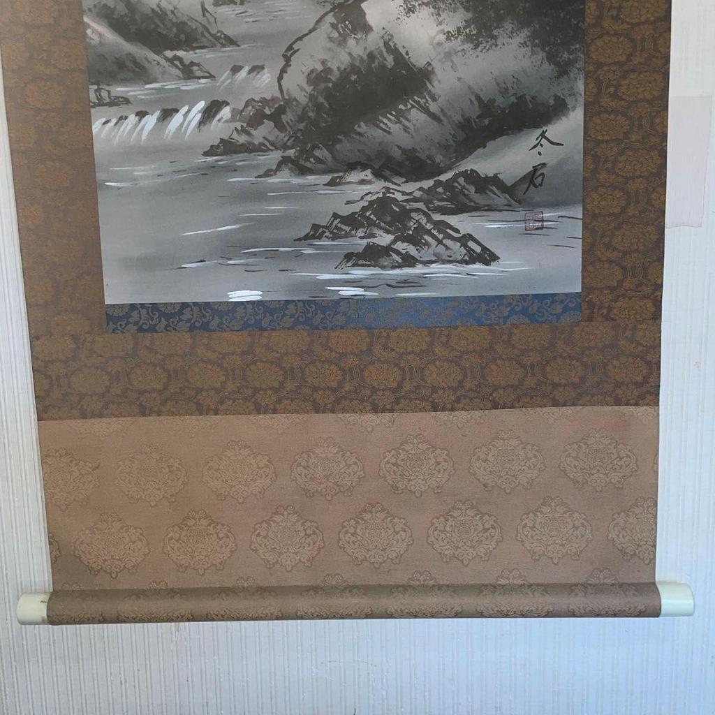 Used Hanging Scroll, Landscape Painting, Ink Wash Painting, Waterfall, Mt. Fuji, Japanese Room, Interior, Antique