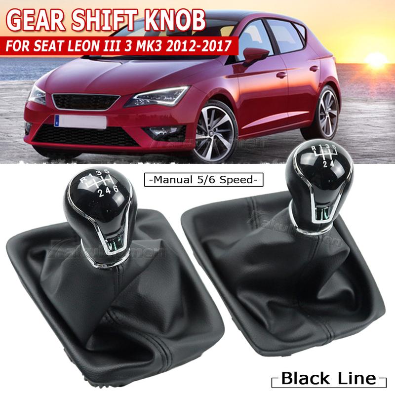 Gear Stick Shift Knob Manual 5 6 Speed For Seat Leon III 3 MK3 2012 - 2017 With Black Leather Boot Cover Black Line