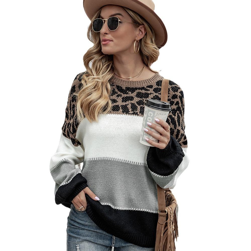 Maglione a blocchi di colore largo con scollo rotondo taglie forti da donna, collezione Primavera 2025, europeo e americano