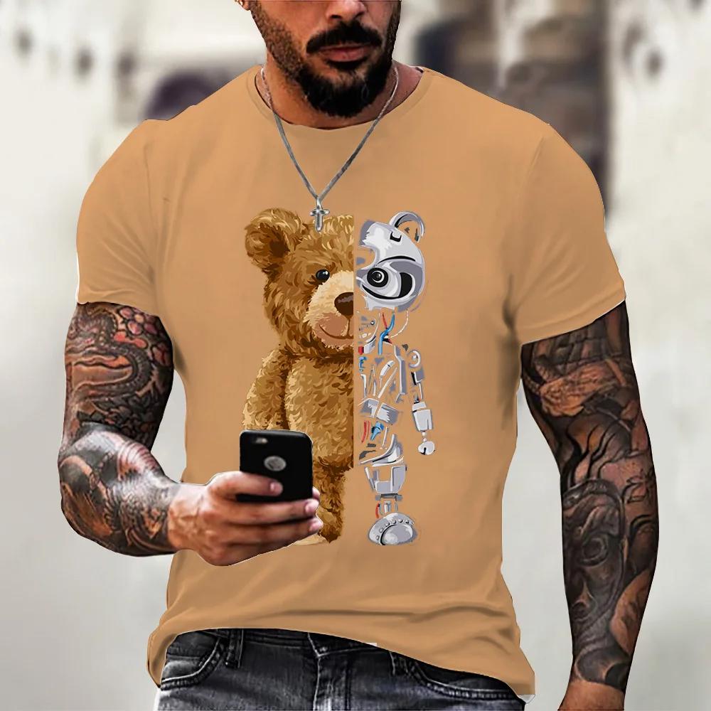 Camiseta casual masculina de verão com estampa fofa de ursinho de pelúcia, gola redonda, confortável e respirável, top casual urbano para atividades ao ar livre