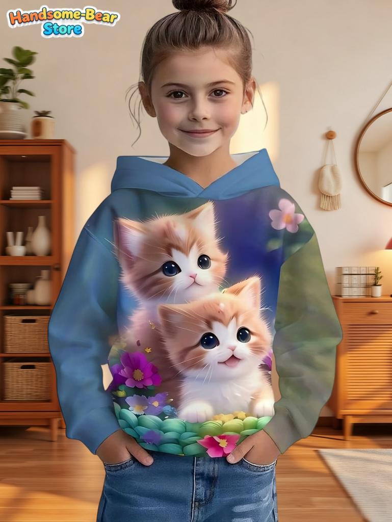Cute Cat Print Girl Clothes Long Sleeve Sweatshirt Girl Graphic Hoodies Tops Children's Clothing Fashion 3D Print Autumn Clothes