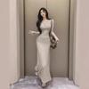 Women's Retro V-Neck Knitted Long-Sleeve Dress for Spring & Autumn - French Design with Waist-Enhancing Fit