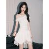 Summer new pure desire wind waist Spice Girl off-the-shoulder skirt white irregular slanted shoulder lace dress women