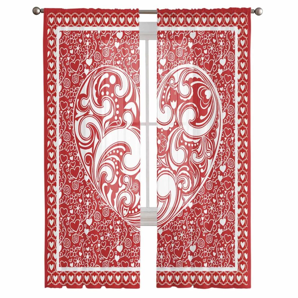 Valentine'S Day Hearts Retro Sheer Curtains For Living Room Kitchen Window Curtains Bedroom Tulle Voile Curtains