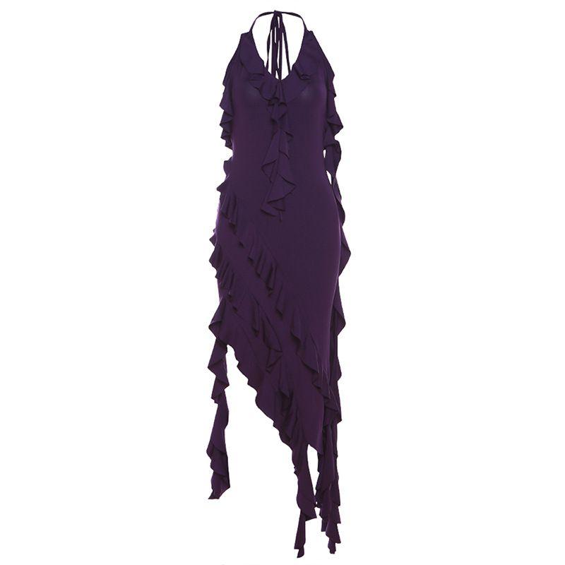 

Hanging Neck Sexy Open Back Irregular Dress Halterneck Backless Dress Purple L