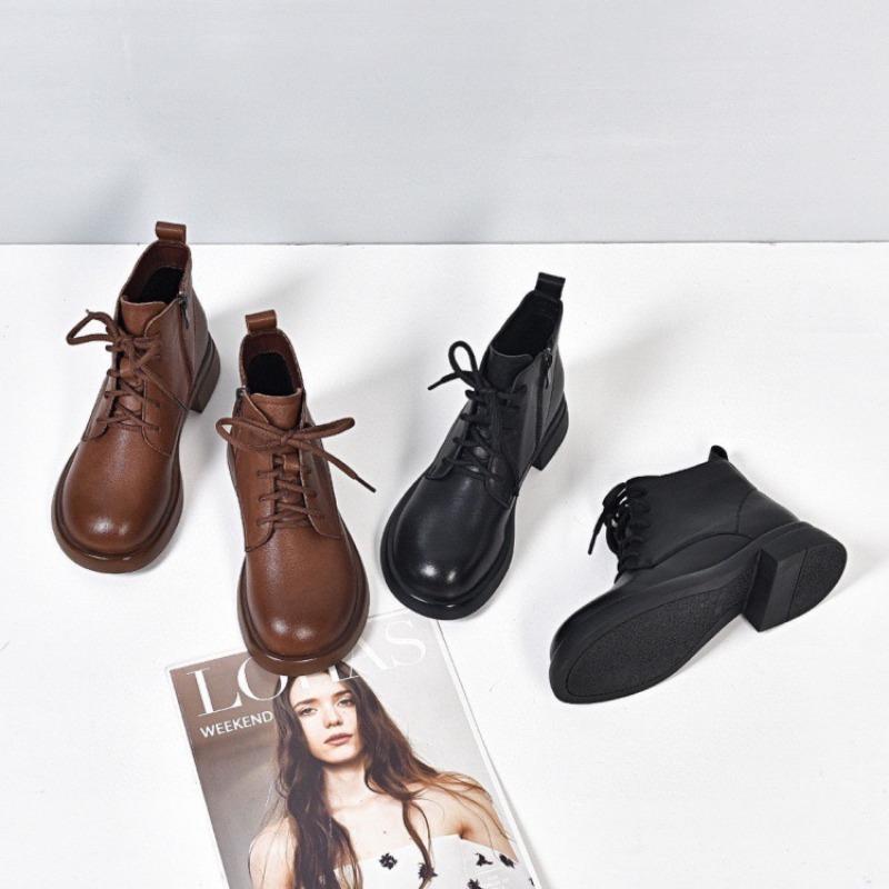 Martin boots flat leather soft-soled small short boots autumn and winter single boots British style round head and ankle boots velvet women