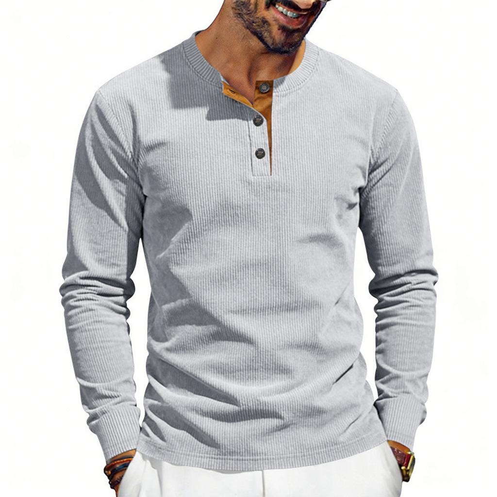 Men's Round Neck Single-Breasted Long-Sleeve Loose Casual Top
