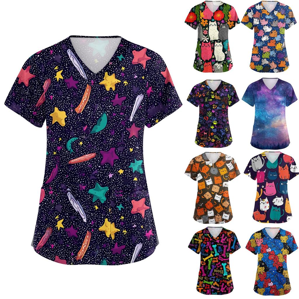 Women's V-neck Printed Short-sleeved Work Clothes With Side-slit Pockets And Uniforms