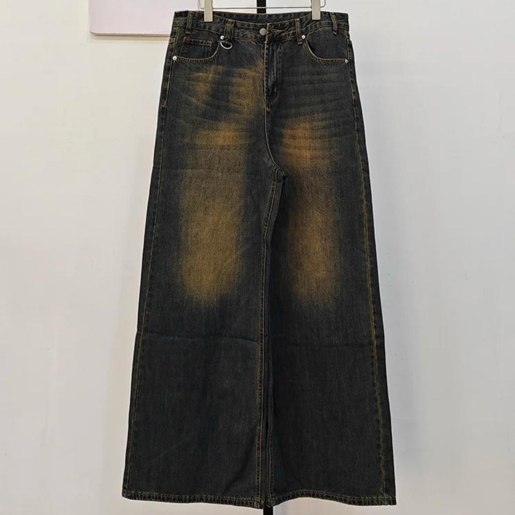 Men's Denim Pants Old Blue Washed Male Jeans Straight Casual Menwear Loose Wide Leg Trousers New Fashion