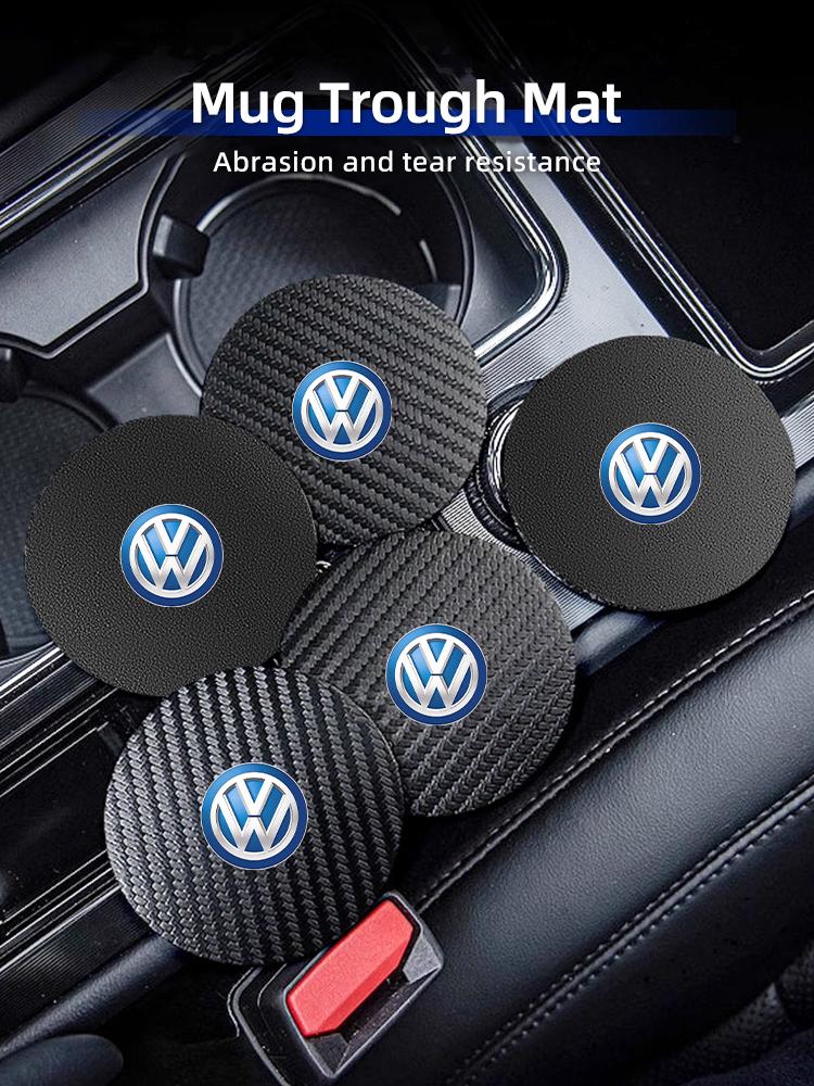 HAT1 2Pcs Car Leather/Carbon Fiber Water Cup Coasters Anti-Slip Pads For VW Scirocco Jetta Beetle Golf Passat Tiguan Sharan Touran