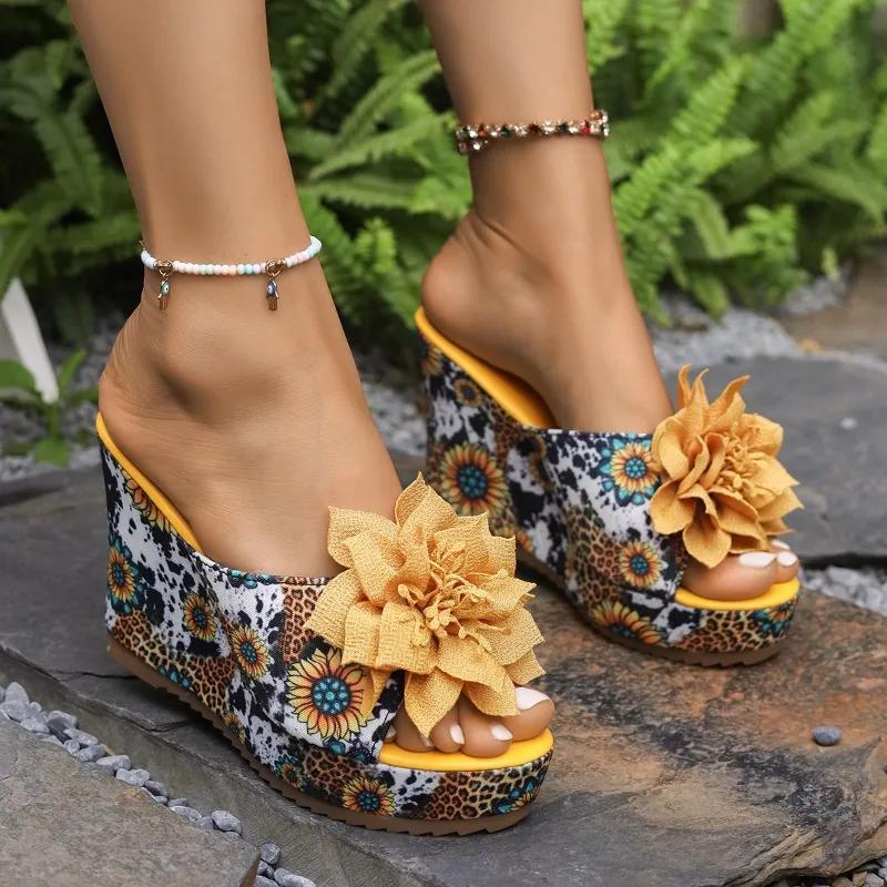Fashion Women's Large Size Slippers Wedge Heel Flower 10.5cm Heel High Shoes Women Leisure Dress Roman Office Lady Zapatillas De Mujer