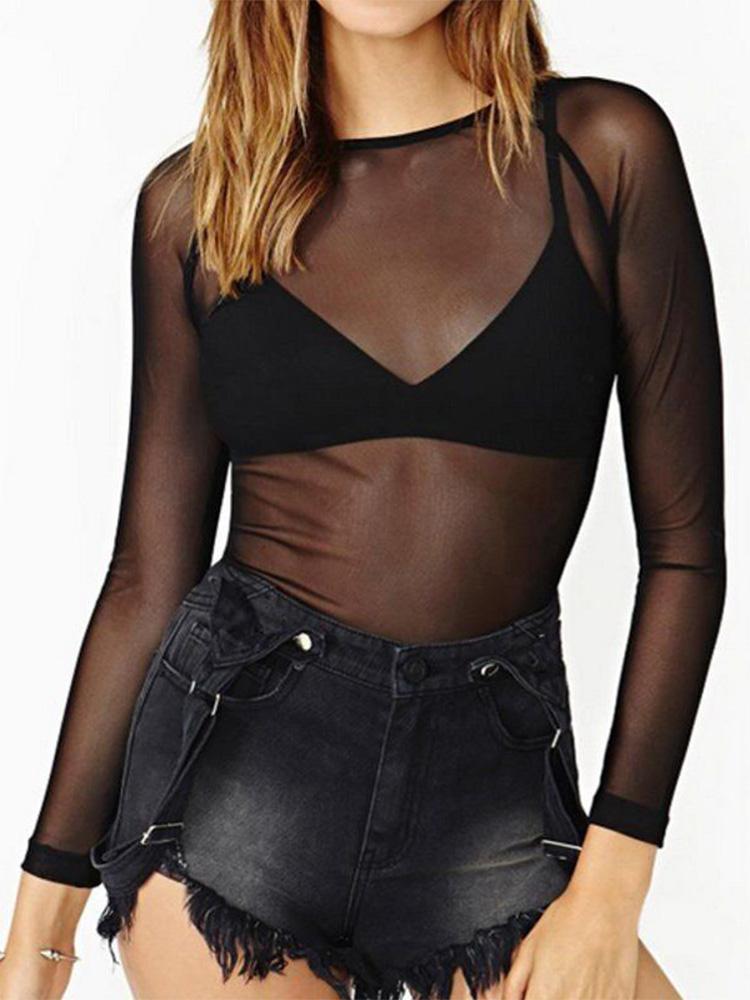 Hot Ny Vår Sommer Dame Langermet Sexy Svart Mesh Topp T-skjorter Gjennomsiktig Punk Club Streetwear T-skjorter Strandoverdeler