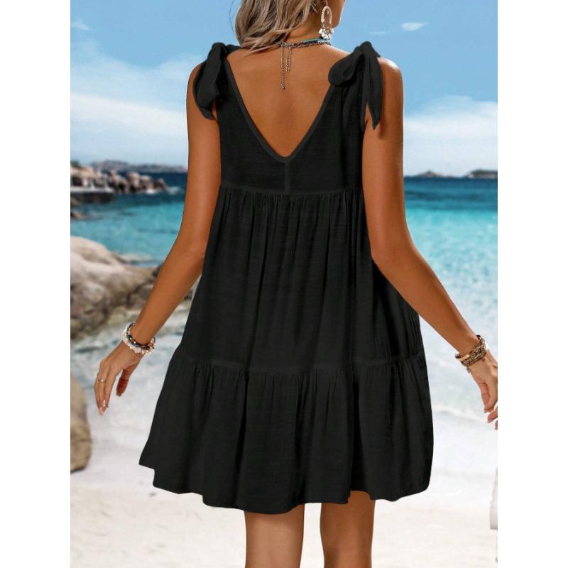 IHUASU Women's Fashion Summer Spring Solid Color Print Sleeveless U-Neck Casual Dresses
