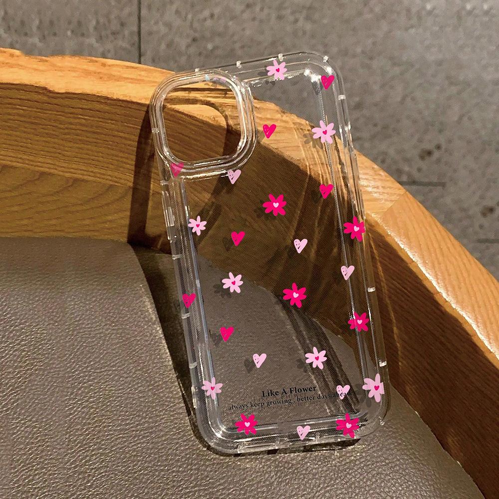 Rosa Blumen Herz Muster Durchsichtige Handyhülle Für iPhone 16 Hüllen iPhone 15 14 13 12 11 Pro Max 16E XS X XR 7 8 Plus 16 Weiche Hülle