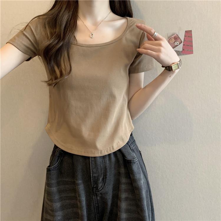 

GMXIA Летняя нестандартная футболка с коротким рукавом для женщин, модная студенческая повседневная облегающая футболка с квадратным воротником Spice Girl XXL хаки