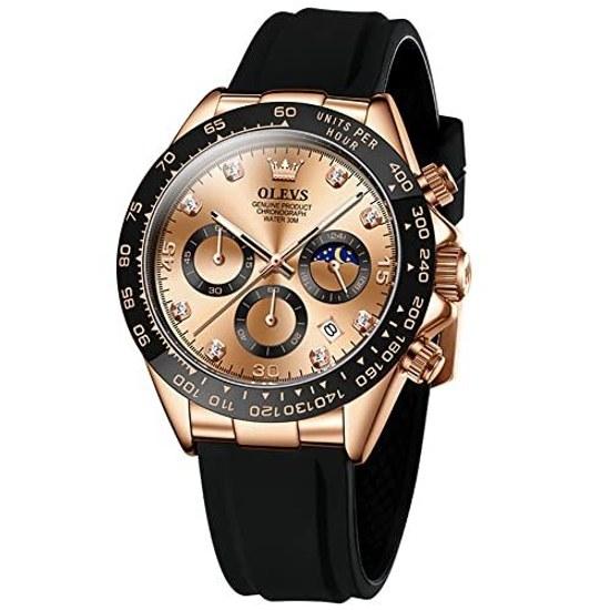 OLEVS Mens Watch Quartz Analog Waterproof Date Wristwatch Black Silicone Belt Stopwatch Large Dial Rose Gold
