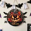 Fall Seasonal Door Hanger Halloween Wooden Sign, Flame Pumpkin Maple Leaf Printed Round Hanging Plaque, Wall for Shop Window Waterproof Decorative