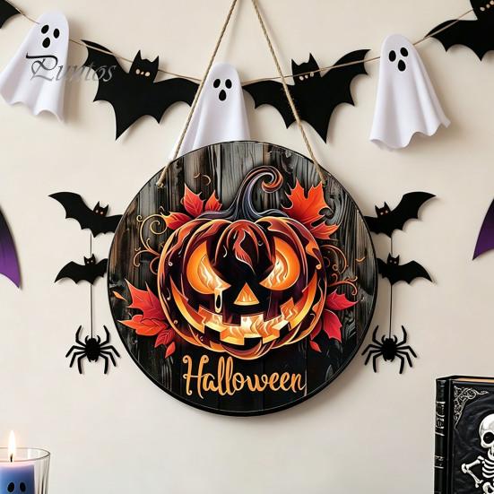 Fall Seasonal Door Hanger Halloween Wooden Sign, Flame Pumpkin Maple Leaf Printed Round Hanging Plaque, Wall for Shop Window Waterproof Decorative