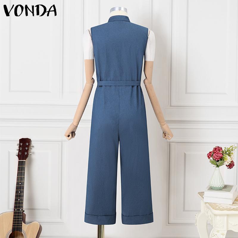 VONDA Damskie Letnie Bez Rękawów Zapinane na Zamek Dżinsowe Niebieskie z Paskiem w Talii Długie Kombinezony Ogrodniczki