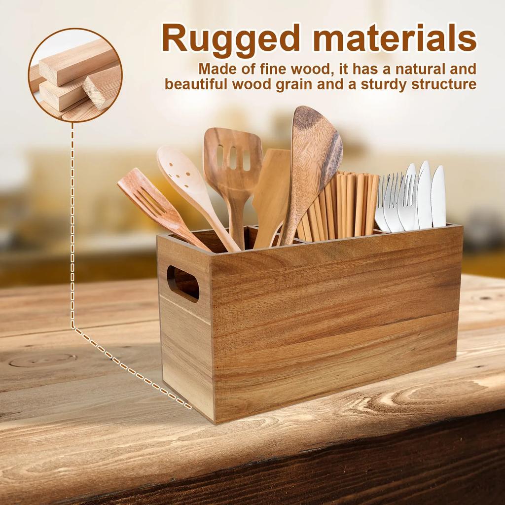 Wood Kitchen Utensil Storage Rack with Removable Divider for Spoon Fork chopsticks Tableware Countertop home Kitchen Organizers