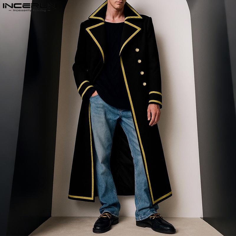 INCERUN Winter Men Lapel Neck Long Sleeve Stitching Open Front Long Woolen Cardigan Coats