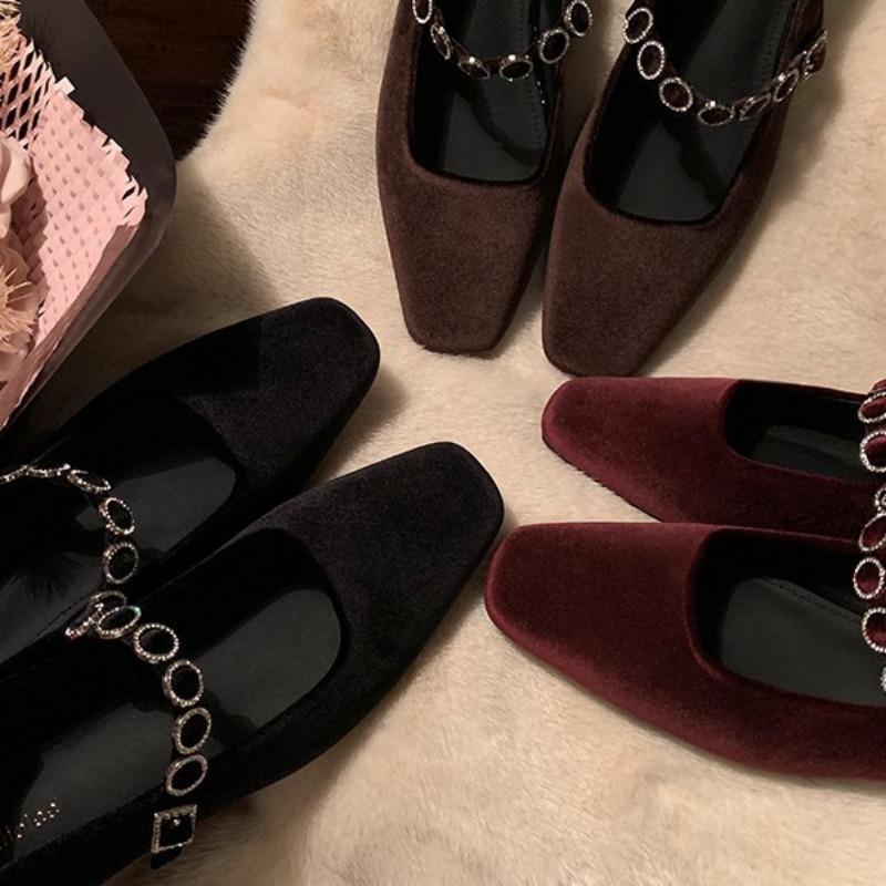 Square Head Shallow Mouth High Heels One-word Diamond Belt Low Heel Suede Mary Jane Single Shoes