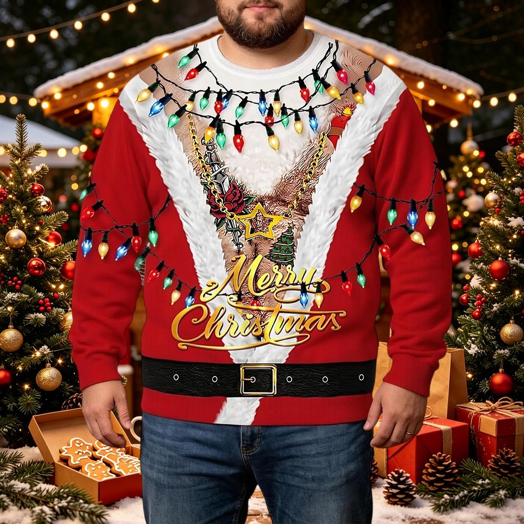 Men's Corduroy Long Sleeve Neck Christmas Print Pullover Top