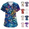 Women's Cute Bow Printed Work Clothes V-neck Double Layer Pockets Basic Short Sleeve Top Pullover