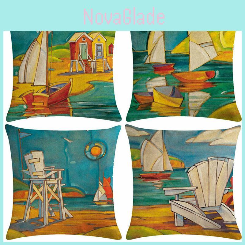 Unique Beach Oil Painting Pillow Case Perfect For Sofa Office Or Home Decoration