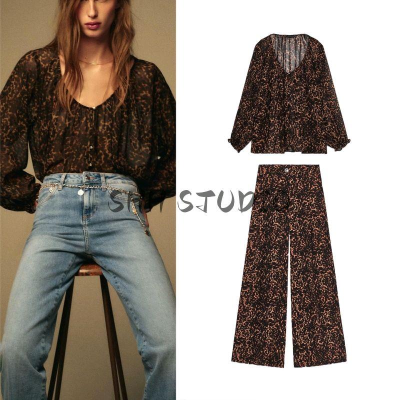 Animal Pattern Print Translucent Shirt 8792139 Animal Pattern Print Wide Leg Casual Trousers 8743148