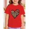 European Sizes Girls' Short Sleeve Leopard Print Heart Graphic T-Shirt, Summer Kids' Round Neck Top