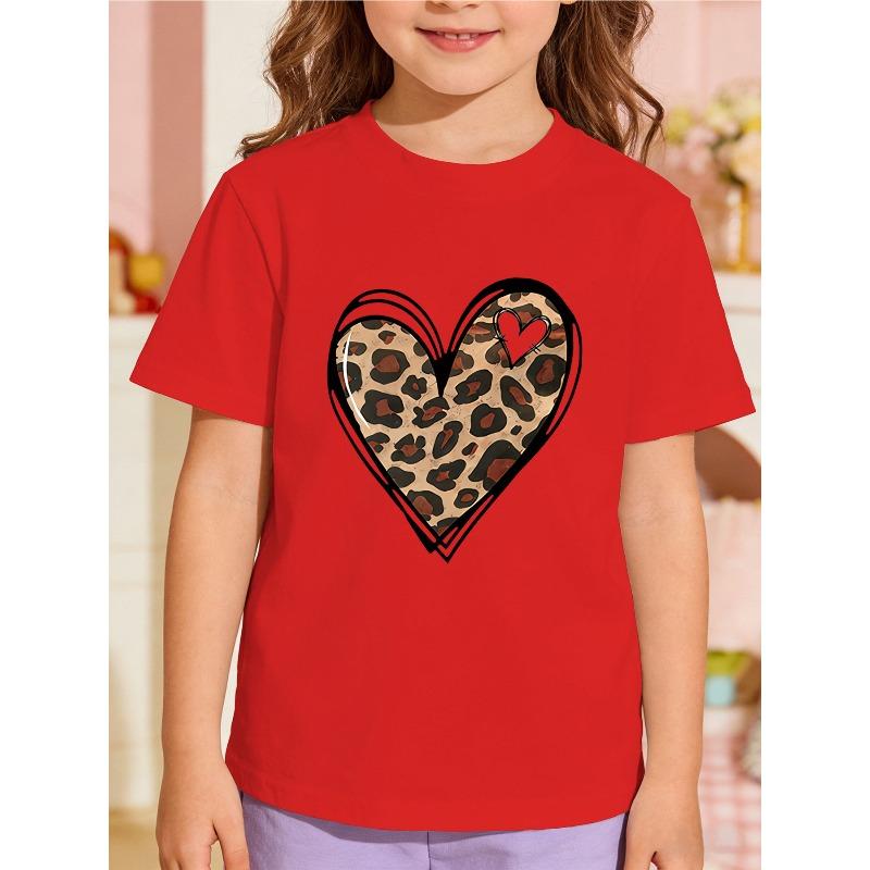 European Sizes Girls' Short Sleeve Leopard Print Heart Graphic T-Shirt, Summer Kids' Round Neck Top