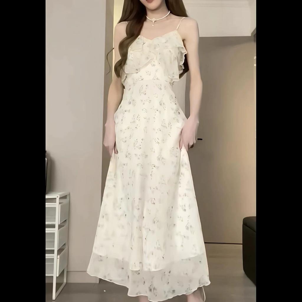 Gentle Floral Suspender Skirt French Retro Waist Slim New V-neck Dress Is Popular This Year, Sweet Women's Clothing