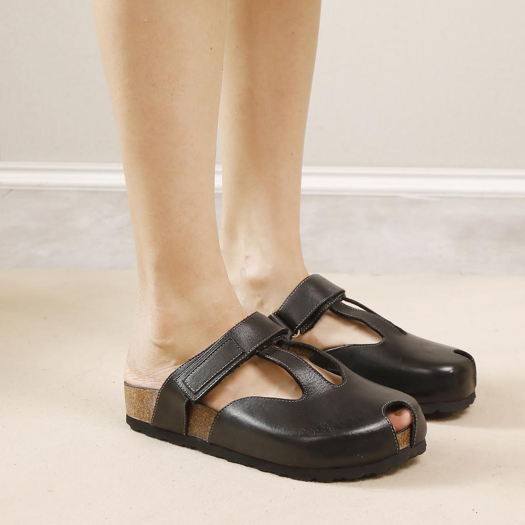 Johnature Versatile Outdoor Slippers Casual Genuine Leather Peep Toe Thick Soled Women's Slip-on Shoes