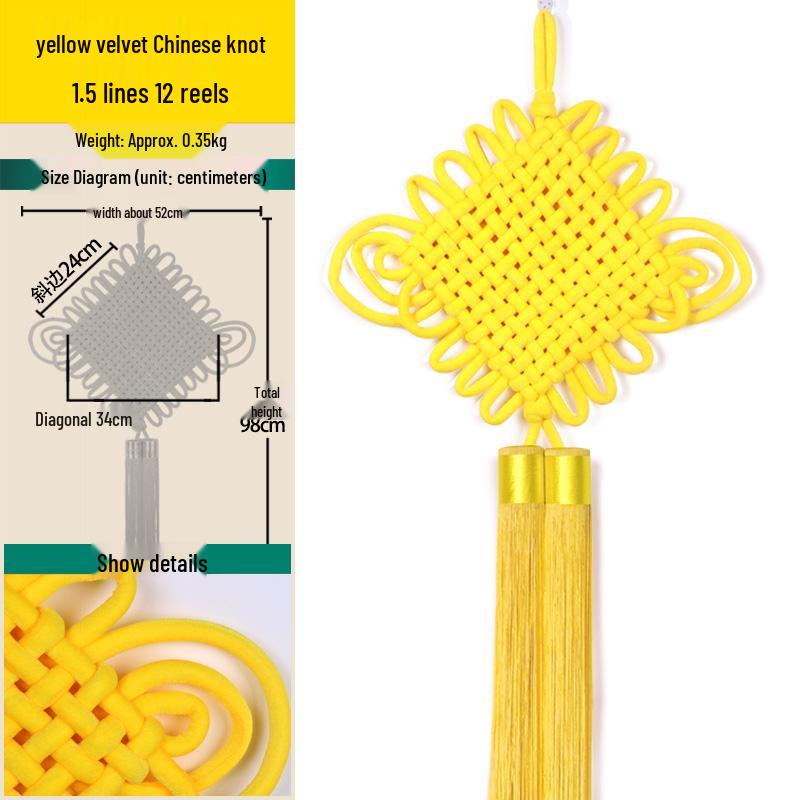 Handmade Yellow Tassel Chinese Knot Pendant for New Year: Fu Character Hanging Ornament for Entrance or Living Room, Available in Large and Small.