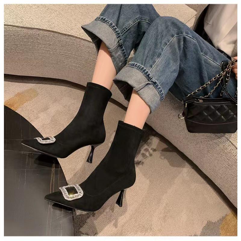 Pointed Thin High-heeled Small Short Boots for Women's Spring and Autumn New Rhinestone Square Buckle Elastic Fashion Thin Socks Boots