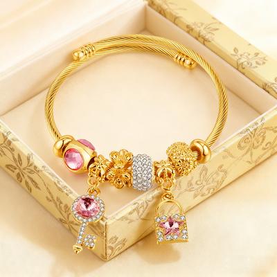 316L Stainless Steel Simple Beaded Micro Set Pink Zircon Key Lock Pendant Adjustable Bracelet Women Charm Jewelry