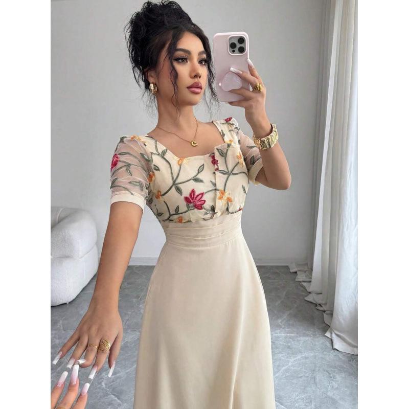 Europe, America 2026 summer new fashion temperament casual design square neck embroidered long dress S
