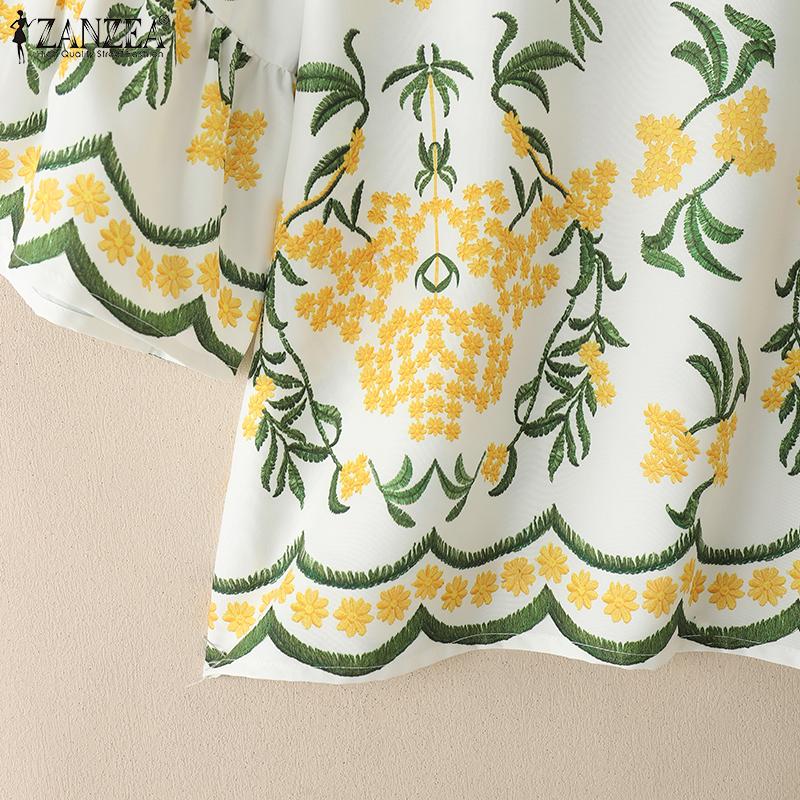 ZANZEA Women Casual Round Neck 3/4 Sleeve Floral Loose Blouse