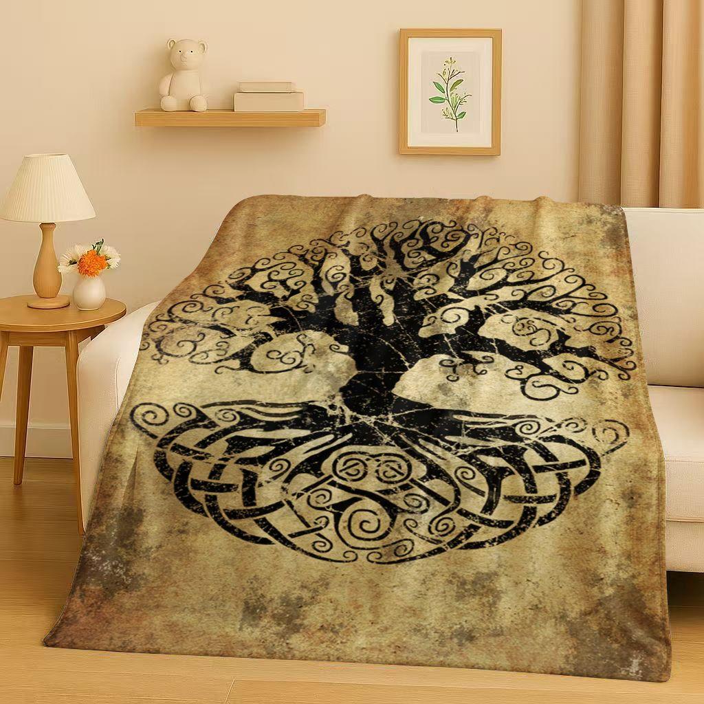 Retro Kleurrijke Levensboom Yggdrasil Keltisch Runen Flanellen Deken, Ultra Zachte Pluche Plaid voor Huis Slaapkamer Bed Bank Cover Kinderen