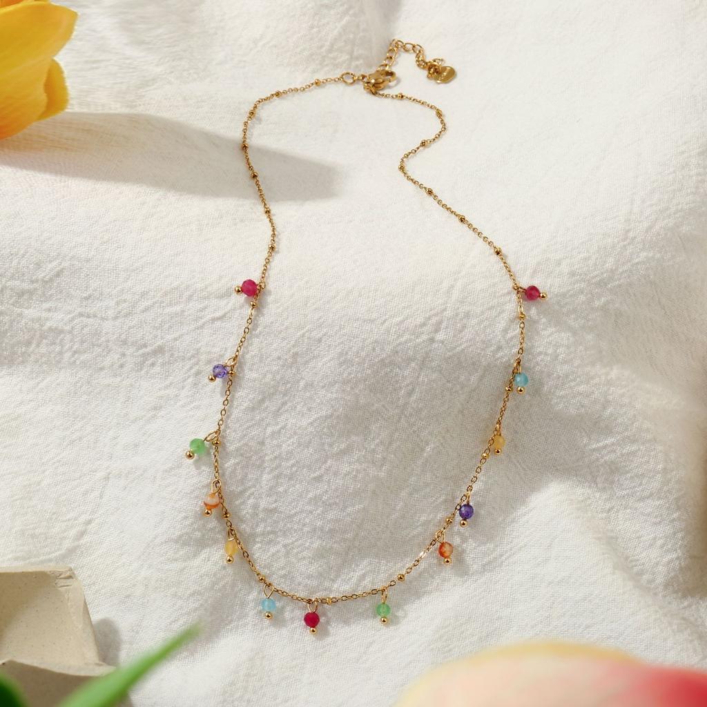 Women 18k Gold Plated Colorful Natural Stone Tassel Clavicle Necklace