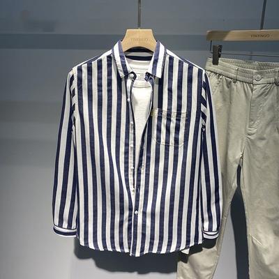 Fashion Striped Men's  Spring Autumn New Patchwork Square Collar Button Pocket Casual Versatile Loose Long Sleeved Shirts