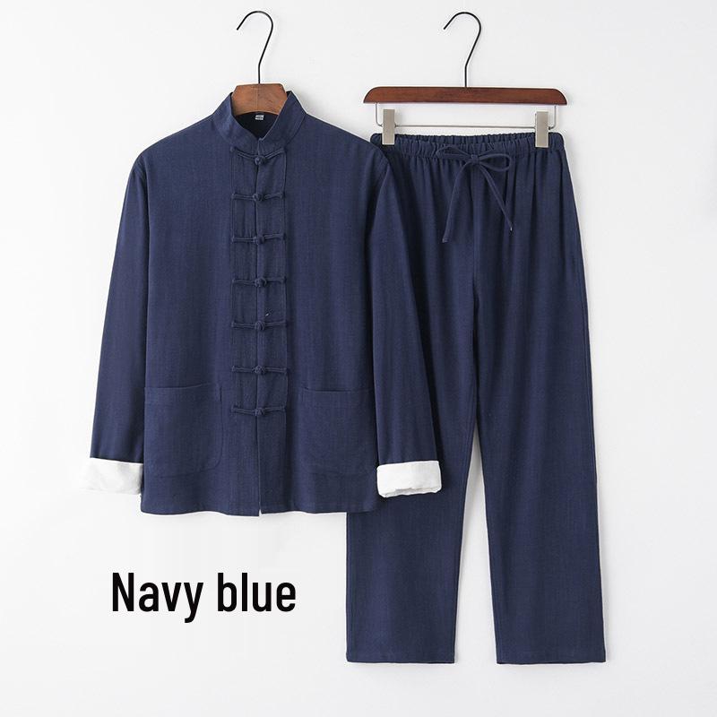 Men's Chinese Style Cotton Linen Tang Suit Jacket & Pants Set with Frog Buttons - Retro Zen Meditation Outfit