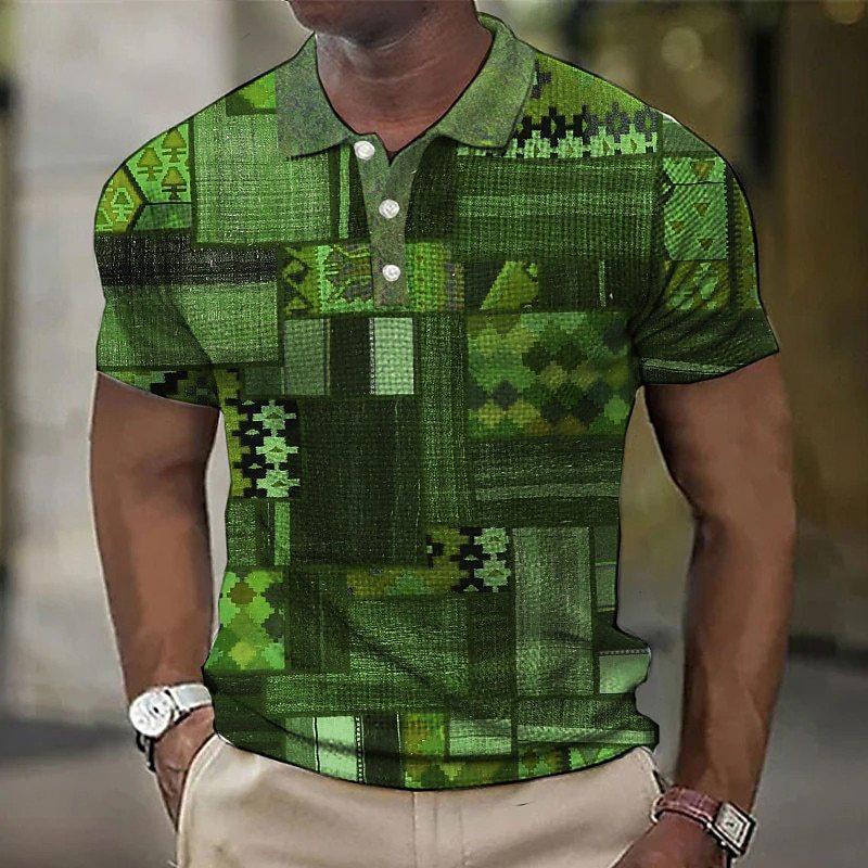 Retro Multi-color Block Splicing 3D Digital Printing Men's Casual Polo Shirt