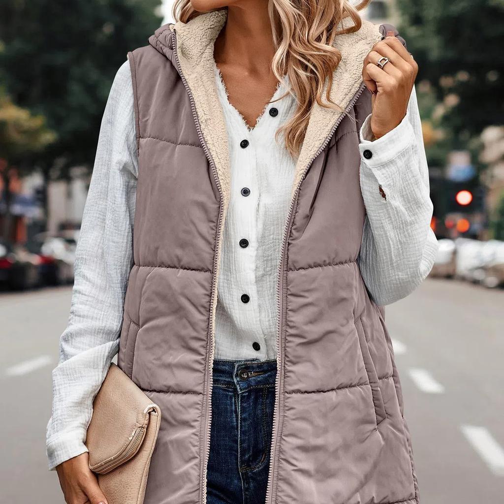 Womens 2025 Fall Reversible Vests Sleeveless Fleece Jacket Zip Up Hoodie Pockets Long Warm Winter Coat