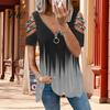 Top da Donna in Seta di Latte T-shirt Estiva Scollatura a V Maniche Corte con Traforo e Decorazioni di Strass Orlo Ampio Colore a Contrasto Degradé Taglia Grande