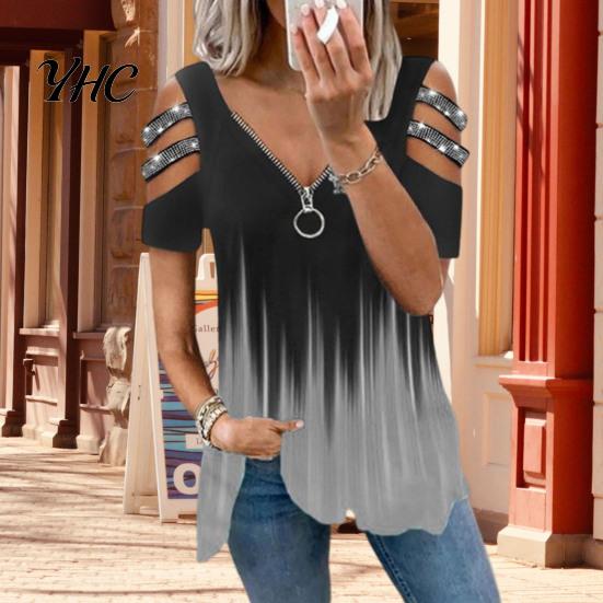 Top da Donna in Seta di Latte T-shirt Estiva Scollatura a V Maniche Corte con Traforo e Decorazioni di Strass Orlo Ampio Colore a Contrasto Degradé Taglia Grande