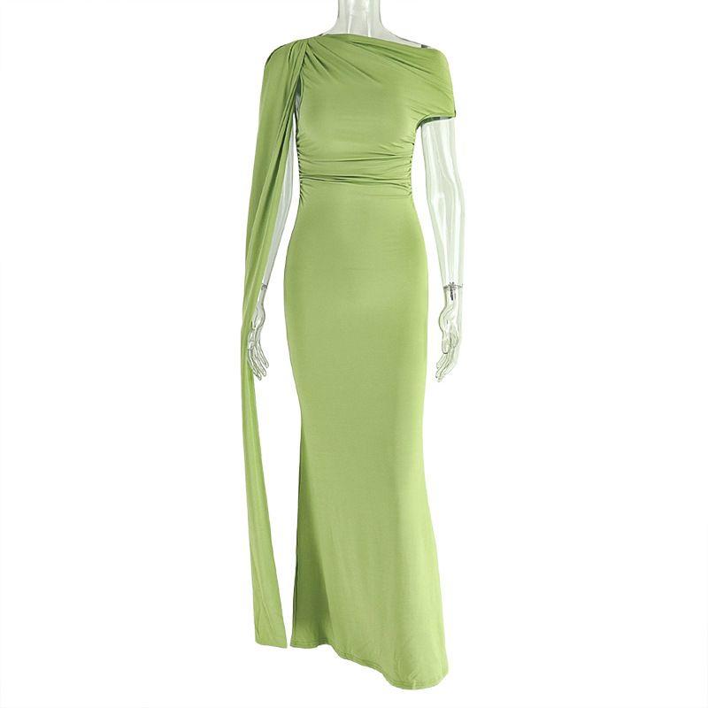 

Fashion Style Elegant Fashion Women s Wear Slim Fit Elegant One-Step Skirt Diagonal Collar Pure Color Shoulder Length Dress Green S